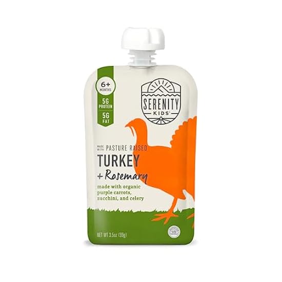 Serenity Kids 6+ Months Baby Food Pouches Puree Made With Ethically Sourced Meats & Organic Veggies | 3.5 Ounce BPA-Free Pouch | Pasture Raised Turkey & Rosemary, Purple Carrot, Zucchini | 12 Count 936419323