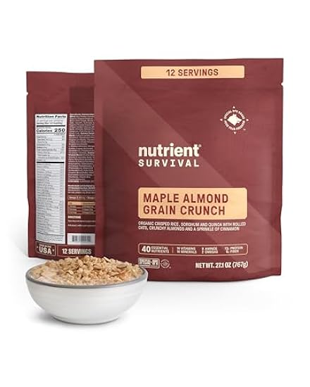 Nutrient Survival MRE Cereal, Maple Almond Grain Crunch (12 Servings) Freeze Dried Prepper Supplies & Emergency Food Supply, Dairy & Gluten Free, Shelf Stable Up to 15 Years, Pantry Pack 71628113