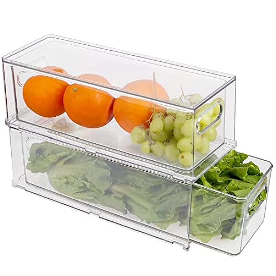 Abiudeng 2 Pack Stackable Refrigerator Organizer Bins with Pull-out Drawer, Drawable Clear Fridge Drawer Organizer with Handle, Plastic Kitchen Pantry Storage Containers 490785440