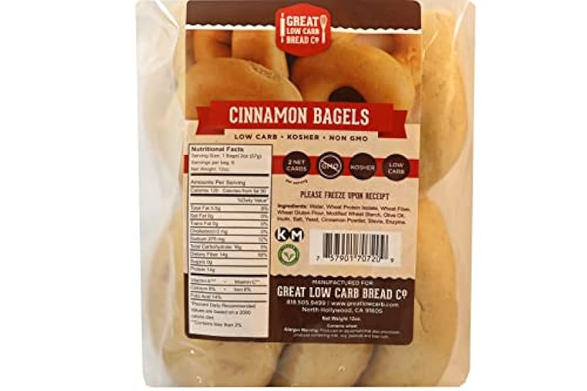 Great Low Carb Cinnamon Bagels|12 Bags Vegan Friendly| Kosher| Served Fresh |Non GMO |Low carb diet | Perfect for breakfast 12oz per bag | 6 bagels per bag 322106223