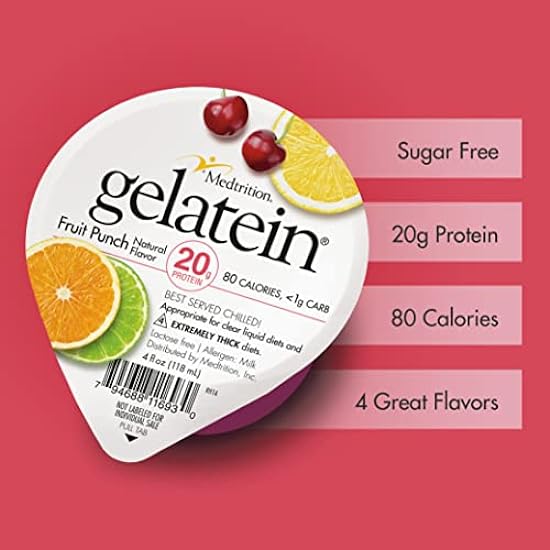 GelaTein Fruit Punch: 20 grams of protein. Sugar free. Ideal for clear liquid diets, swallowing difficulties, bariatric, dialysis and oncology. Great pre or post-workout snack. (36 pack) … 914037311