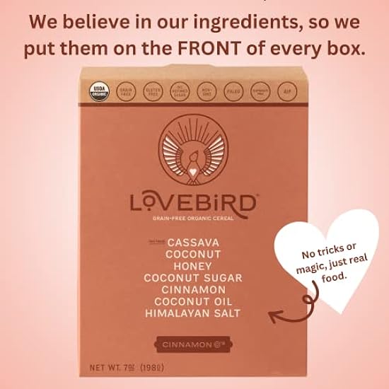 Lovebird Gluten Free Cereal - Organic Grain Free Cereals Paleo AIP Dairy Free Keto Friendly No Refined Sugar Healthy Snacks for Kids, Adults (Cinnamon, 4 Pack) 893217029