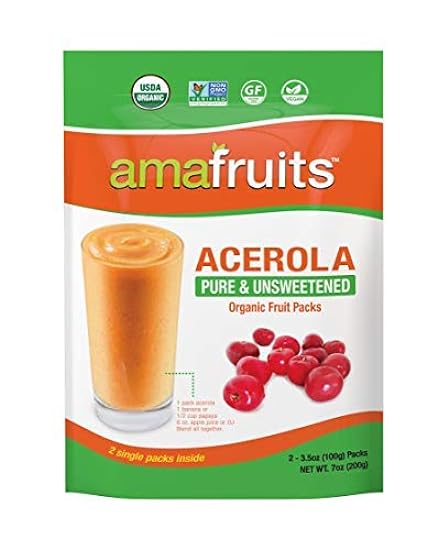 Amafruits Acerola Frozen Puree Pure and Unsweetened Smoothie and Bowl Packs | USDA Organic | Non-GMO Certified | Zero Sugar| Immunity Support |100% Natural Superfruit | 60 Packs x 3.5oz 171001962