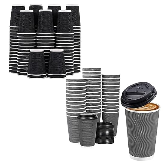 Lamosi 12 oz Disposable Coffee Cups - 170 Pack, Insulated Corrugated Paper Cups 12 oz, Kraft Ripple Wall Cups for Hot Beverage or Cold Drinks Office/Home/Party/Travel/Cafe (Black) 951847434