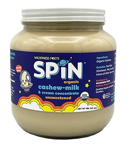 Wilderness Poets SPiN, Organic Cashew Cream & Milk Concentrate (Unsweetened) - Bulk, Wide-Mouth, Half-Gallon Glass Jar - Make Cashew Milk, Cashew Cream, Non-Dairy Creamer for Coffee, Tea, Lattes, Smoothies and Vegan Desserts (64 Ounce - 4 Pound) 191652867