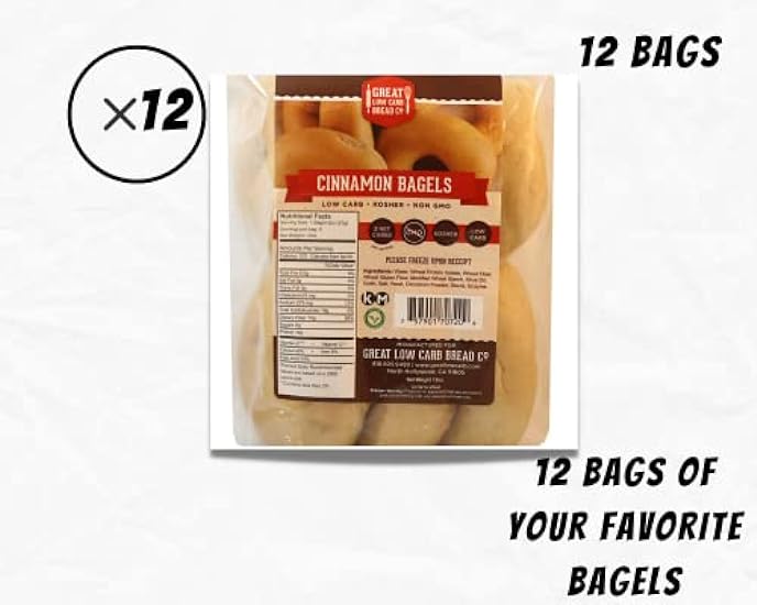 Great Low Carb Cinnamon Bagels|12 Bags Vegan Friendly| Kosher| Served Fresh |Non GMO |Low carb diet | Perfect for breakfast 12oz per bag | 6 bagels per bag 322106223