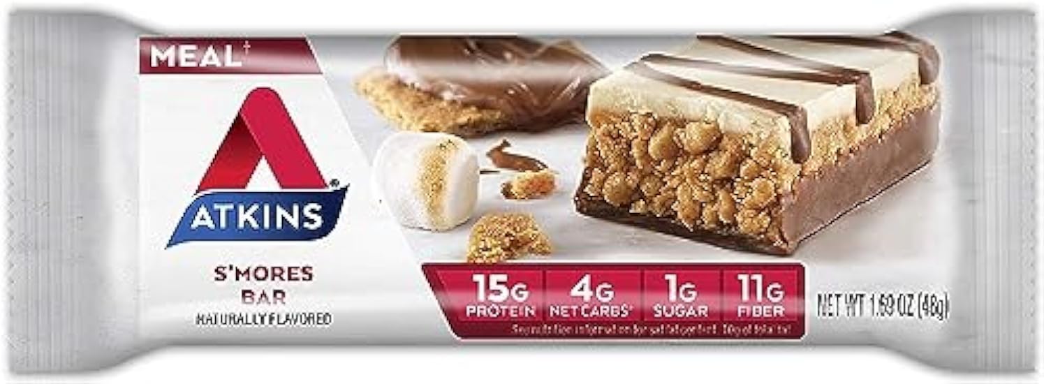 Atkins S’mores Protein Meal Bar, High Fiber, 1g Sugar, 4g Net Carbs, Meal Replacement, Keto Friendly, 30 Count 652187852