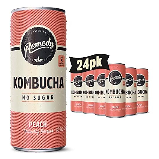 Remedy Kombucha Tea Organic Drink - Sugar Free, Keto, Vegan, Non-GMO, Gluten Free & Low Calorie - Sparkling Live Beverage w/Gut Health & Probiotic Like Benefits - Peach - 8.5 Fl Oz Can, 24-Pack 648941020
