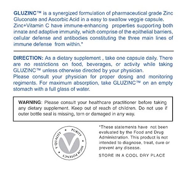 GluzinC Daily Immunity Boost Lower dose for Zinc Sensitivity 11MG Pharmaceutical Grade Zinc Plus 180MG Vitamin C – (2 Bottles, 240 Vegetarian Capsules) 754016265