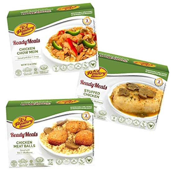 Kosher Mre Meat Meals Ready to Eat, Variety of Chicken Meat Balls, Stuffed Chicken Breast, Chicken Chow Mein (3 Pack Bundle) - Prepared Entree Fully Cooked, Shelf Stable Microwave Dinner 707217084
