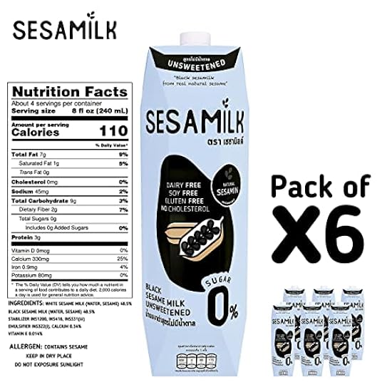 Sesamilk: Sesame Milk (Unsweetened Black Sesame Milk), 33.8 Fl Oz (Pack of 6) Vegan Dairy Free│Soy and Nut Free │Gluten Free │Low Sodium │0% Sugar │Halal 921930319