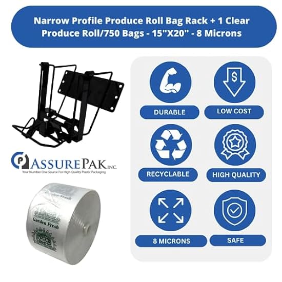 Narrow Profile Produce Roll Bag Rack + 1 Clear Produce Roll/750 Bags - 15