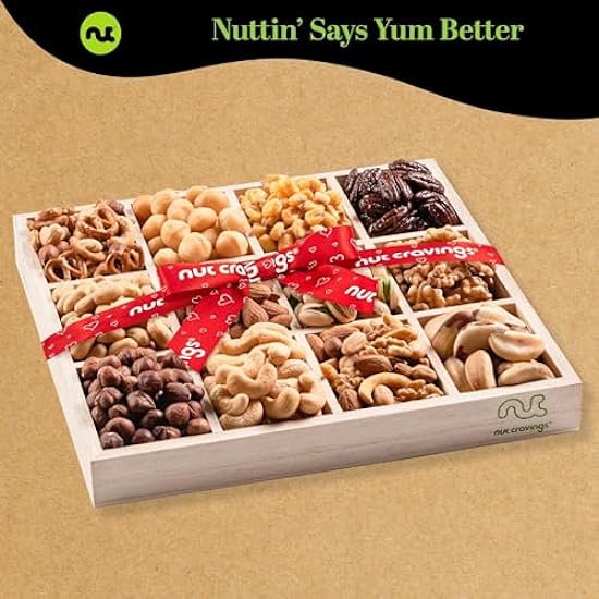 Nut Cravings Gourmet Collection - Mixed Nuts Gift Basket in Reusable Wooden Tray + Heart Ribbon (12 Assortments) Easter Arrangement Platter, Healthy Kosher USA Made 558654246