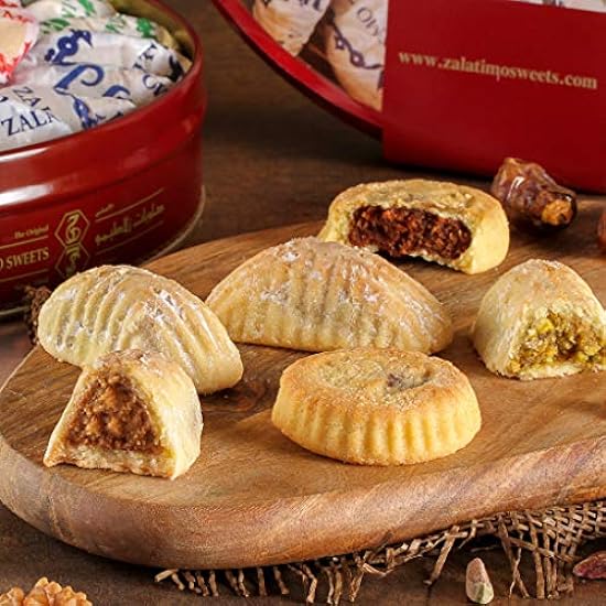 Zalatimo Sweets Since 1860, 100% All Natural Assorted Mamoul Shortbread Cookies, Round Gift Tin, Slightly Sweet Cookies, Pistachio, Walnuts, Dates, No Preservatives, No Additives, 2.2Lbs 567732443