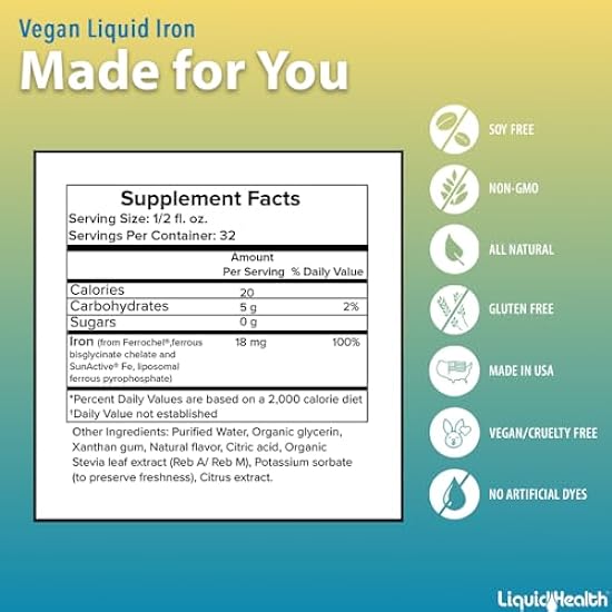 LIQUIDHEALTH Vegan Liquid Iron Supplement with SunActive & Ferrochel Fe - Natural Energy, Immune System & Metabolic Support, Increase Mental Clarity, Prenatal/Postnatal - Non-GMO, Sugar Free (2 Pack) 173149132