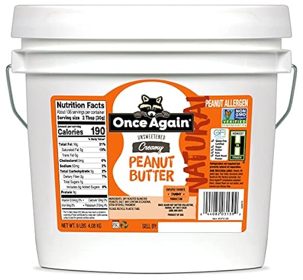 Once Again Natural, Creamy Peanut Butter, 9lb Bucket (same as 9 jars) - Lightly Salted, Unsweetened - Gluten Free Certified, Vegan, Kosher, Non-GMO Verified 261135132