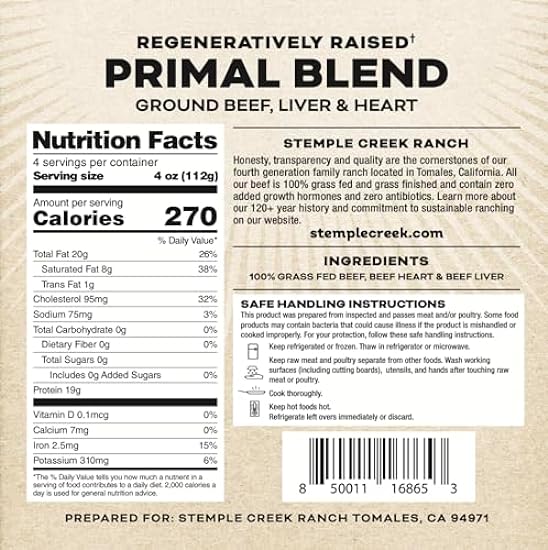 Primal Blend: Ground Beef with Beef Liver & Beef Heart, 100% Grass Fed and Grass Finished, 80/20, 16 oz, Regeneratively Raised, by Stemple Creek Ranch (Case of 12) 757354039