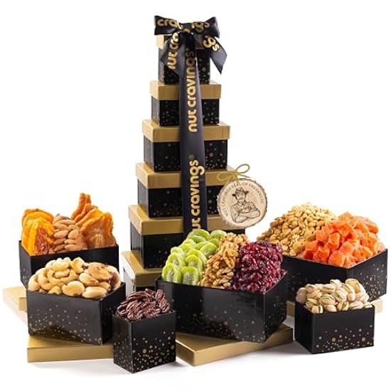 Nut Cravings Gourmet Collection - Dried Fruit & Mixed Nuts Gift Basket Black Tower + Ribbon (12 Assortments) Easter Arrangement Platter, Birthday Care Package - Healthy Kosher USA Made 31164980