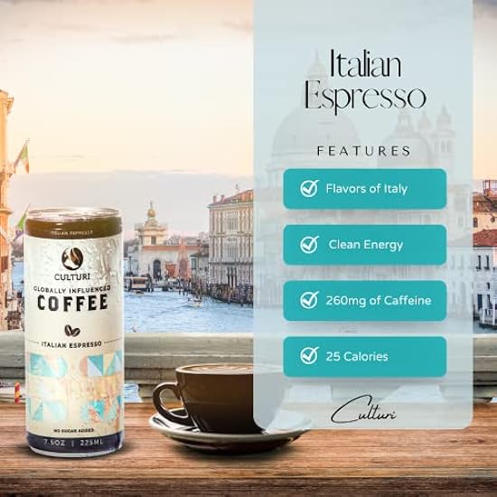 Culturi Organic Canned Espresso - All Natural Non-GMO Cold Brew Espresso - Black Coffee - Preservative Free, No Artificial Flavors or Colors, Shelf Stable, Best Served Cold (12 Pack of Cans) 813697939