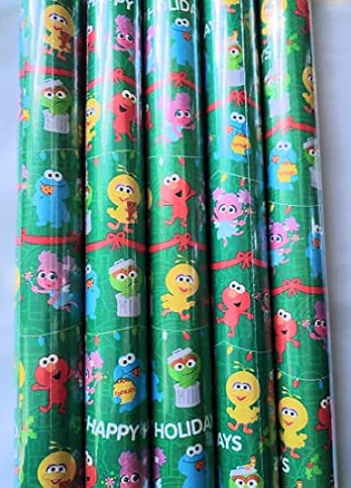 JVSTN Sesame Christmas Holiday Gift Wrap Elmo Big Bird Cookie Monster 50 SqFt Matching Bows 5398467