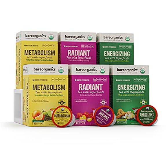BareOrganics Tea Variety Pack with Superfoods & Probiotics | Keurig K-Cup Compatible Tea Pods | USDA Certified Organic, Vegan, Non-GMO & Recyclable 60ct 982712017