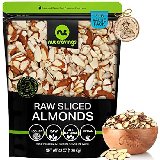 Nut Cravings - Natural Sliced Almonds - Raw, Superior to Organic (48oz - 3 LB) Packed Fresh in Resealable Bag - Nut Snack - Healthy Protein Food, All Natural, Keto Friendly, Vegan, Kosher 955966010
