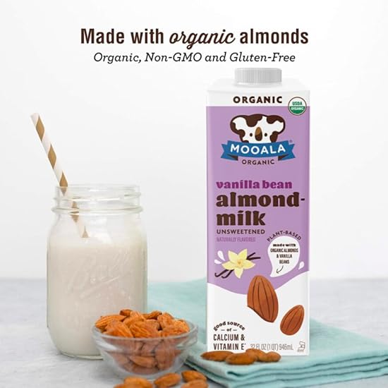 Mooala – Organic Vanilla Bean Almondmilk, Unsweetened, 32 fl oz (Pack of 6) – Shelf-Stable, Non-Dairy, Gluten-Free, Vegan & Plant-Based Beverage with No Added Sugar (Unsweetened Vanilla Bean) 70285549