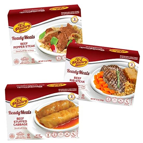 Kosher Mre Meat Meals Ready to Eat, Variety of Beef Pepper Steak, Beef Rib Steak, Stuffed Cabbage Rolls (3 Pack Bundle) - Prepared Entree Fully Cooked, Shelf Stable Microwave Dinner 1069875
