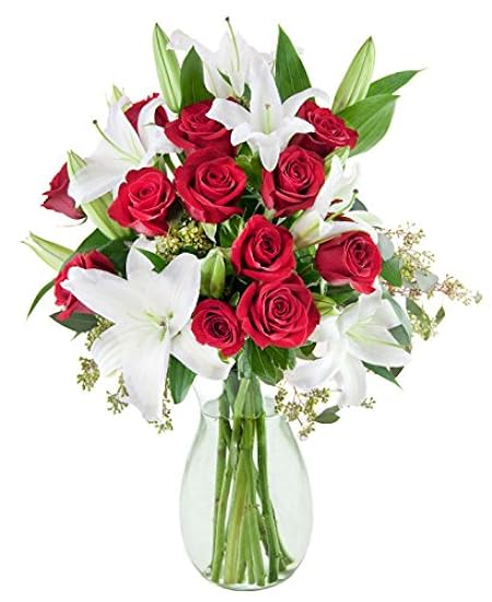 DELIVERY by Tue, 02/20 Guaranteed IF Order Placed by 02/19 Before 2PM EST. KaBloom Valentine´s PRIME NEXT DAY DELIVERY Bouquet of Red Roses and White Lilies Accented with Lush Greens, Valentine Flower 695120397