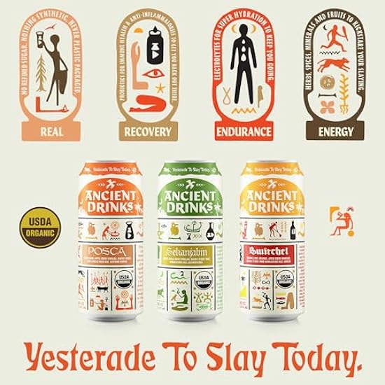 ANCIENT DRINKS Apple Cider Vinegar Beverage with Electrolytes, Vitamins, & Probiotics, Organic, Super-Hydrating Sports Drink - Mixed Pack (Posca, Switchel, Sekanjabin) - 16 fl oz (12 cans) 779978616