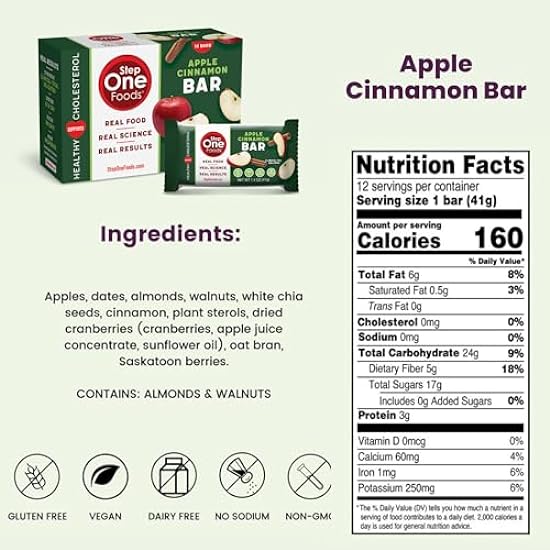 Step One Foods Apple Cinnamon Bars, Heart Healthy Snack Plant Sterols, Omega 3´s and Dietary Fiber Gluten Free Vegan Granola Bar (12 Pack) 808365795