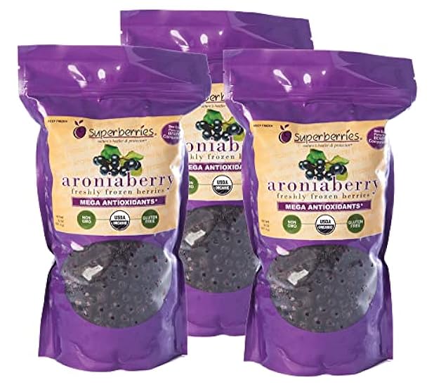 Superberries Organic Fresh-frozen Aroniaberries (Chokeberry), 6 pounds of Frozen Aroniaberries providing 90 servings. Full of Antioxidants and Natural Nutrients (3 Pack) 671727521