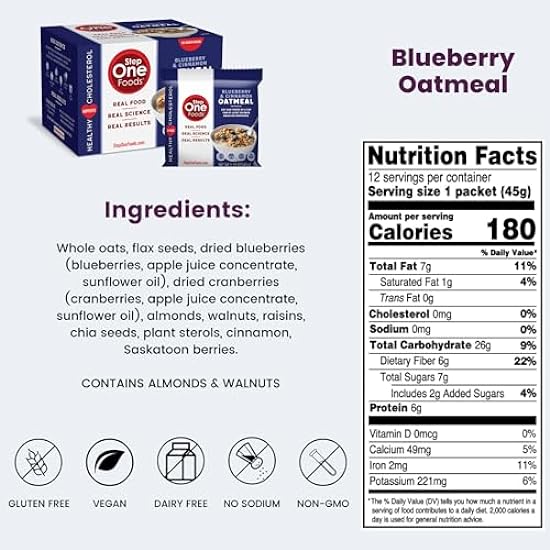 Step One Foods Blueberry Cinnamon Oatmeal, Heart Healthy Snack Plant Sterols, Omega 3´s and Dietary Fiber Gluten Free Vegan Oatmeal (12 Pack) 305303133