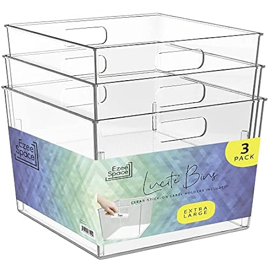 Ezee space Clear Plastic Storage Bins - 3-Pack XL: Acrylic Storage Containers for Kitchen, Home, Office, and Bathroom - 12X12 X7 In. Freezer and Pantry bins for organizing 573058812