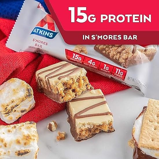 Atkins S’mores Protein Meal Bar, High Fiber, 1g Sugar, 4g Net Carbs, Meal Replacement, Keto Friendly, 30 Count 652187852