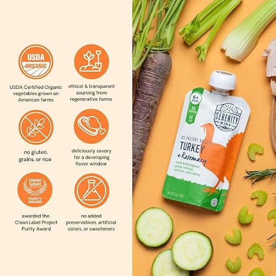 Serenity Kids 6+ Months Baby Food Pouches Puree Made With Ethically Sourced Meats & Organic Veggies | 3.5 Ounce BPA-Free Pouch | Pasture Raised Turkey & Rosemary, Purple Carrot, Zucchini | 12 Count 936419323