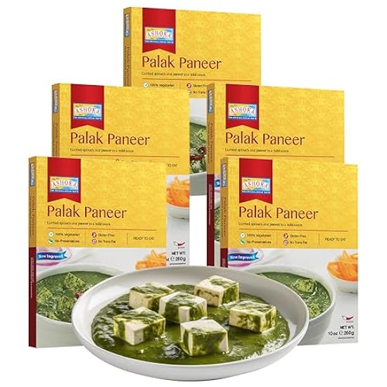 Ashoka Ready to Eat Indian Meals Since 1930, 100% Vegetarian Palak Paneer, All-Natural Traditionally Cooked Indian Food, Plant-Based, Gluten-Free and with No Preservatives, 10 Ounce (Pack of 5) 972679131