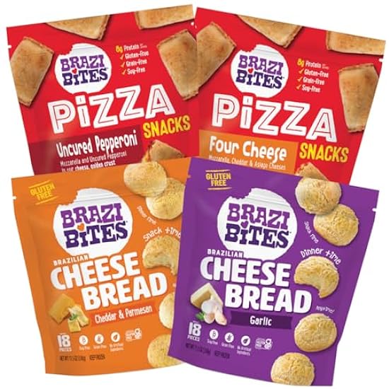 Brazi Bites Variety Pack | Brazilian Cheese Bread & Pizza Bites | Better-For-You Frozen Snacks I Gluten-Free I Grain-Free I Soy-Free | No Artificial Ingredients | No Preservatives (4-pack) 698484543