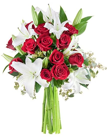 DELIVERY by Tue, 02/20 Guaranteed IF Order Placed by 02/19 Before 2PM EST. KaBloom Valentine´s PRIME NEXT DAY DELIVERY Bouquet of Red Roses and White Lilies Accented with Lush Greens, Valentine Flower 695120397
