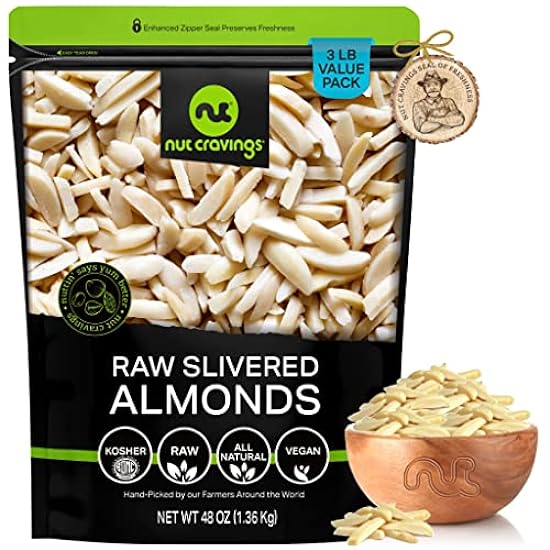 Nut Cravings - Raw Slivered Almonds, Unsalted, Superior to Organic (48oz - 3 LB) Packed Fresh in Resealable Bag - Nut Snack - Healthy Protein Food, All Natural, Keto Friendly, Vegan, Kosher 206584595