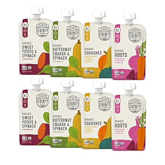 Serenity Kids 6+ Months Certified Organic Baby Food Pouches Veggie Puree | No Sugary Fruits or Added Sugar | Allergen Free | 3.5 Ounce BPA-Free Pouch | Variety Pack | 8 Count 567563820
