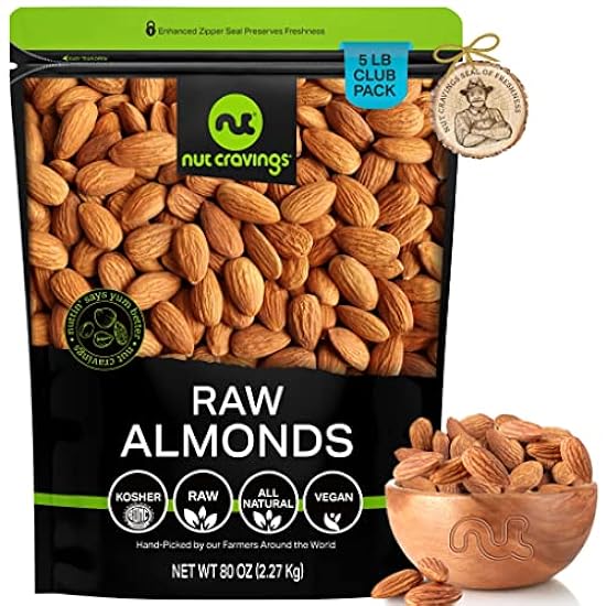 Nut Cravings - Raw Whole Almonds, Unsalted, Shelled, Superior to Organic (80oz - 5 LB) Bulk Nuts Packed Fresh in Resealable Bag - Healthy Protein Food Snack, All Natural, Keto Friendly, Vegan, Kosher 533441456