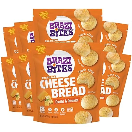 Brazi Bites Gluten-Free Brazilian Cheese Bread: Cheddar & Parmesan | Vegetarian Frozen Bread Snacks | Soy-Free | No Artificial Ingredients | No Preservatives | 11.5 oz. pouches (8-pack) 729496562