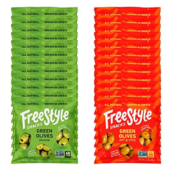 Freestyle Snacks Olive Snack Packs - Single Serve - Fresh Pitted Green Olives, Jumbo-Sized, Grown in Greece, All Natural, Non-GMO, Paleo, Sugar-Free, Keto, Salty Snack - Variety, 1.1oz (24 Pack) 240238097
