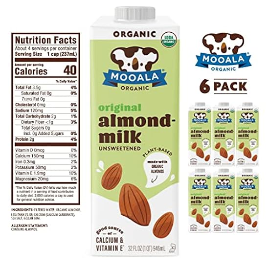 Mooala – Organic Almondmilk, Unsweetened, 32oz (Pack of 6) – Shelf-Stable, Non-Dairy, Gluten-Free, Vegan & Plant-Based Beverage with No Added Sugar (Unsweetened Original) 401810975