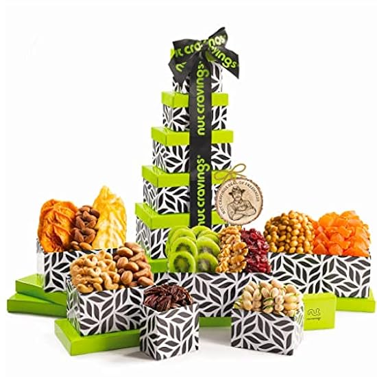 Nut Cravings Gourmet Collection - Dried Fruit & Mixed Nuts Gift Basket Leaf Tower + Ribbon (12 Assortments) Easter Arrangement Platter, Birthday Care Package - Healthy Kosher USA Made 850689032