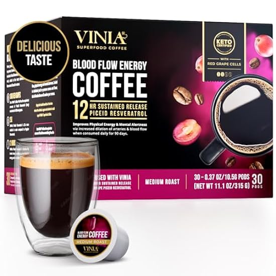 VINIA Blood Flow Energy Coffee Pods - Medium Roast Infused with Red Grape Piceid Resveratrol for Physical Energy & Mental Alertness, Specialty Superfood Coffee, Full-Bodied Chocolate Notes, 30 Ct 153505425