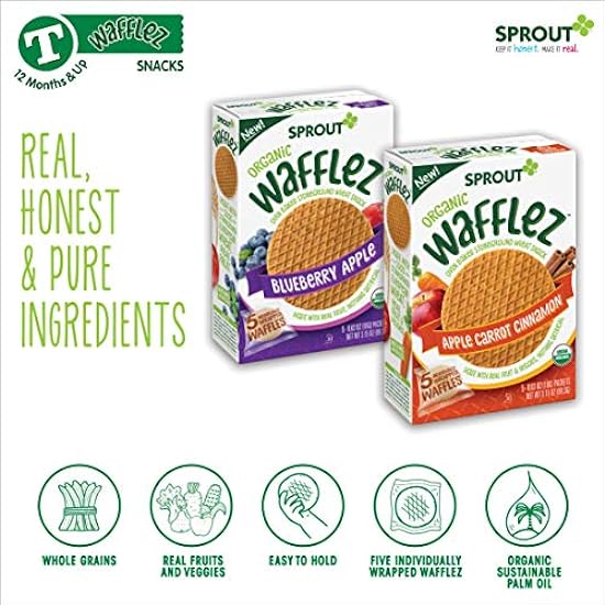 Sprout Organic Baby Food, Stage 4 Toddler Snacks, Apple Carrot Cinnamon Wafflez, Single Serve Waffles 5 Count(Pack of 10) 382107166