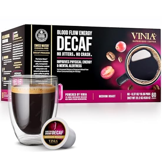 VINIA Blood Flow Energy Coffee Pods - Medium Roast Infused with Red Grape Piceid Resveratrol for Physical Energy & Mental Alertness, Specialty Superfood Coffee, Full-Bodied Chocolate Notes, 30 Ct 153505425