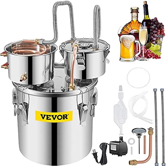 VEVOR Alcohol Still, 3 Gallon, Stainless Steel Alcohol Distiller with Copper Tube & Build-in Thermometer & Water Pump, Double Thumper Keg Home Brewing Kit, for DIY Whiskey Wine Brandy 838559862